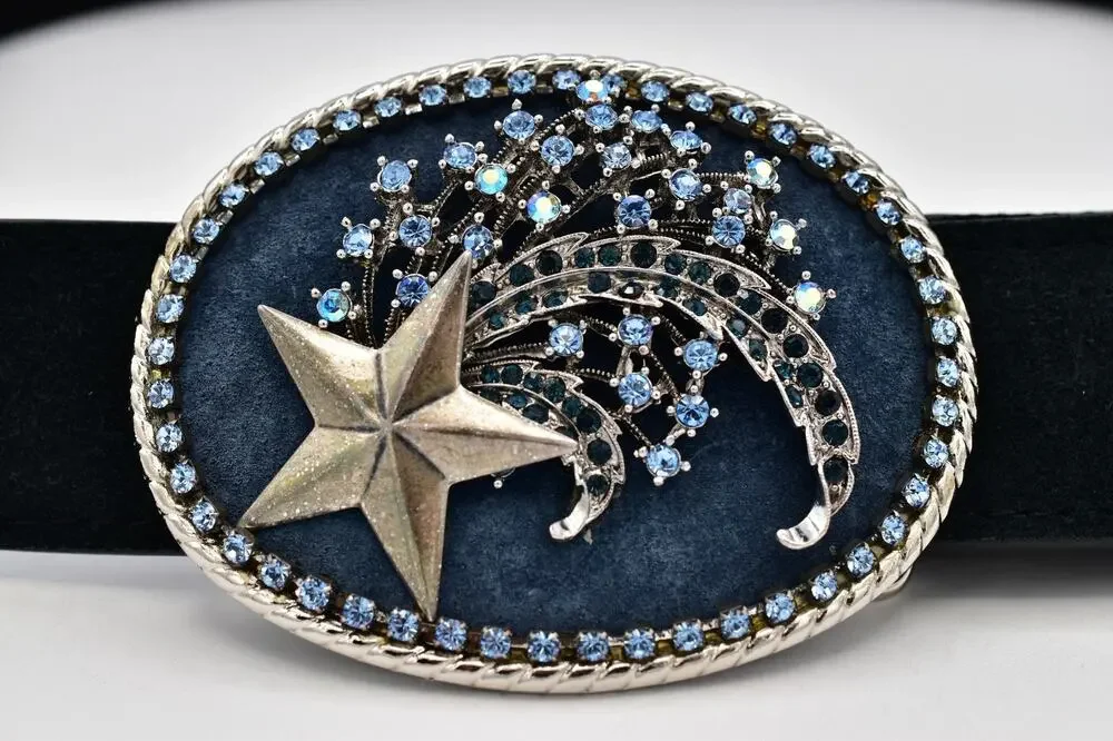 3G Buckles Black Suede Belt L 36-38 Celestial Star Blue Rhinestone Buckle Y2K